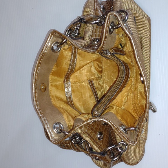 🐰☮VINTAGE☮ KATHY VAN ZEELAND Gold Fabric/Croc Leather Hobo - Picture 5 of 13